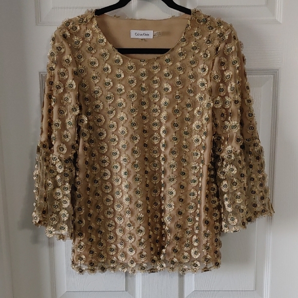 Calvin Klein Tops - Calvin Klein Textured Gold Embellished 3/4" Flowy Sleeve Blouse Sz XS Luxurious